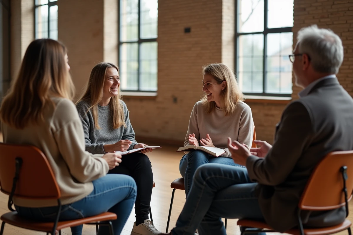 Groupe de chrétiens réunis en cercle pour un partage de foi et des témoignages inspirants dans une salle communautaire moderne