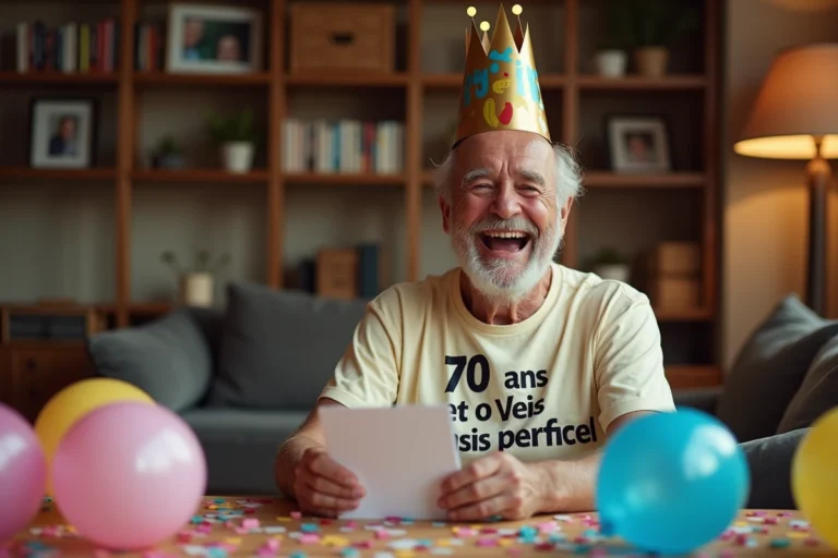 Homme de 70 ans souriant avec une couronne festive tenant une carte d'anniversaire humoristique lors d'une fête intime