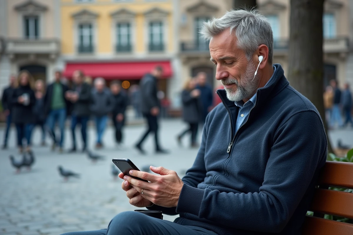 Homem consultando as últimas notícias em seu smartphone sentado em um banco em uma praça pública movimentada na cidade