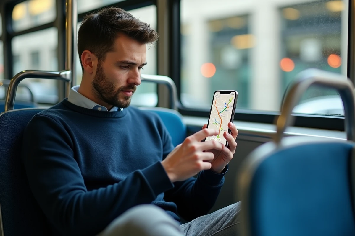 Homme utilisant une application d'itinéraire Mappy en bus sur son téléphone pendant son trajet