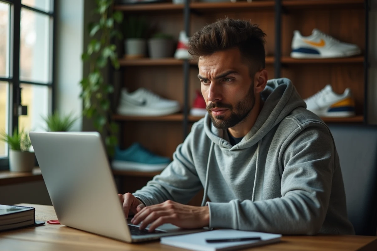 Homme consultant des avis clients sur un site de revente de sneakers comme Modz avant un achat en ligne