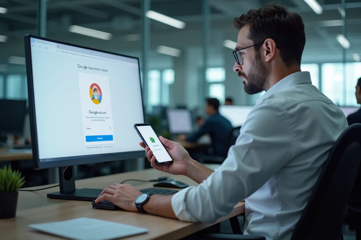 Homem no escritório digitando um código de autenticação do Google em dois fatores no computador e smartphone