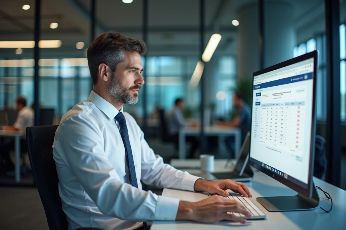 Homme au bureau utilisant un ordinateur pour la paie