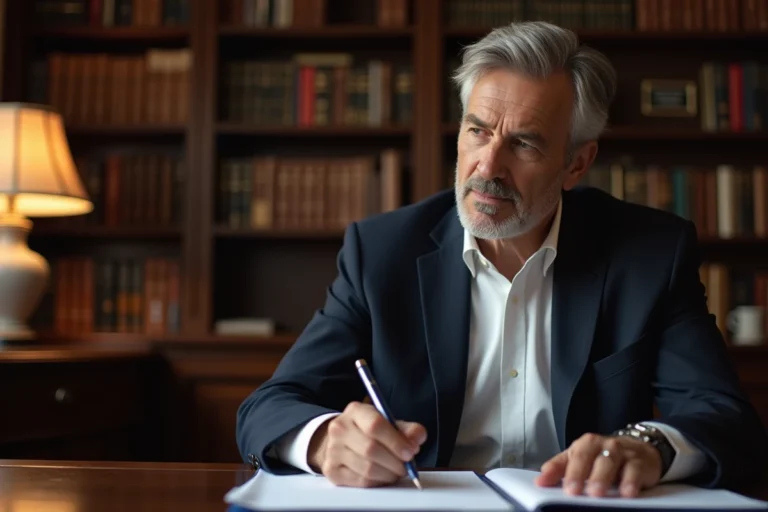 Portrait d'un homme élégant et discret dans un appartement parisien, illustrant la vie privée et l'univers intellectuel d'un couple discret