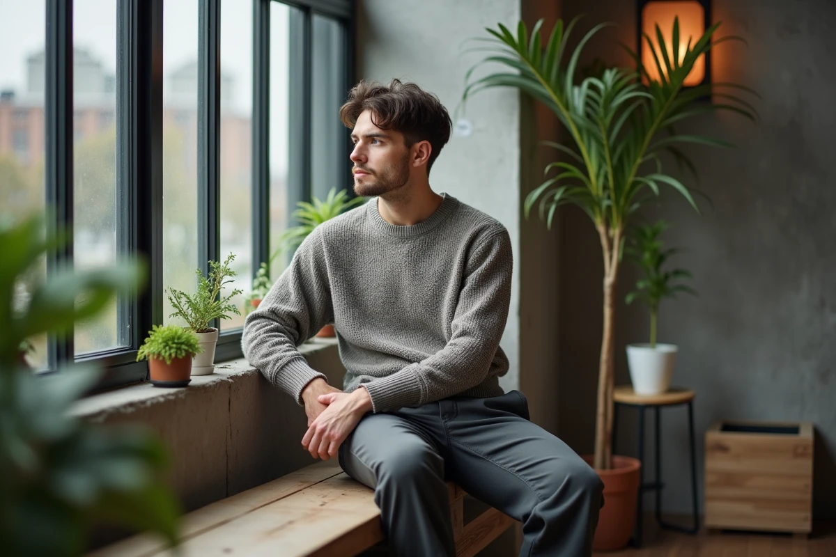 Homme en loft moderne regardant par la fenêtre