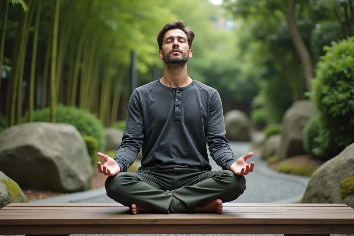 Homme en méditation sur un banc en bois dans un jardin urbain de style japonais, posture détendue, mains posées sur les genoux, yeux fermés