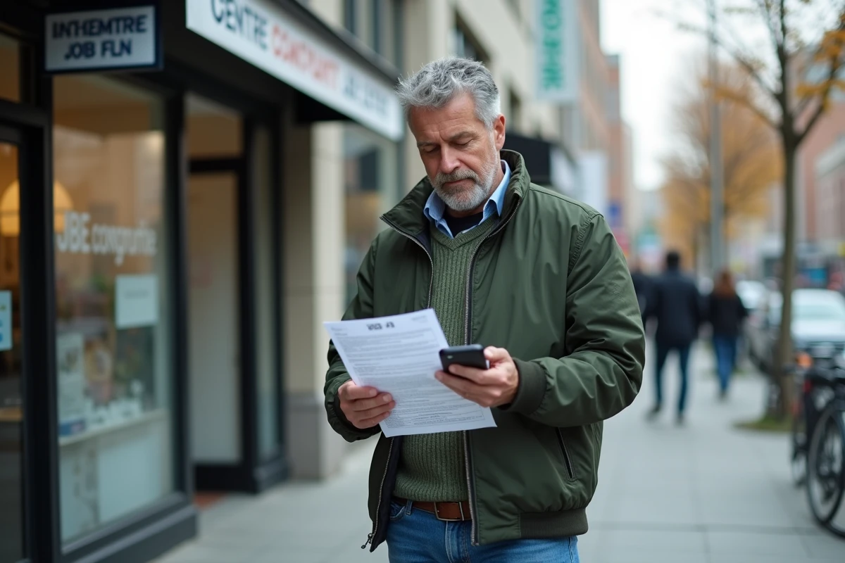 Homem consultando seu smartphone e uma lista de ofertas de emprego diante de um centro de emprego na cidade