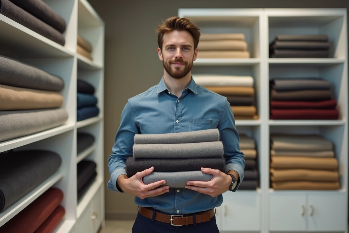 Jeune homme tenant un rouleau de tissu en laine dans un magasin de textile moderne et épuré