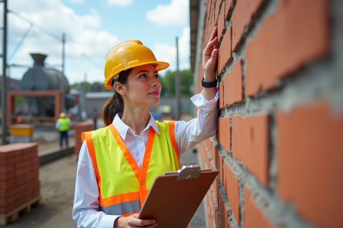 Ingénieure en bâtiment inspectant un mur en briques rouges sur un chantier de construction