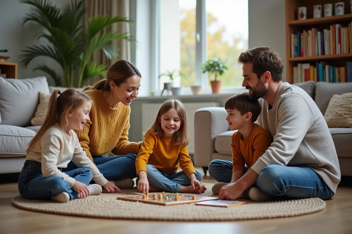 Parents et enfants jouent ensemble dans le salon