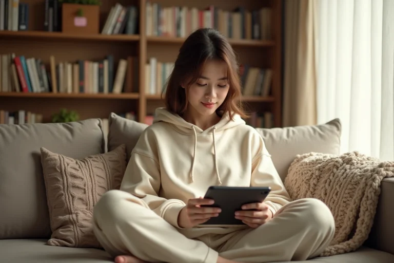 Jeune femme utilisant une tablette pour lire des webtoons sur l'application EpsilonScan, assise confortablement dans un salon chaleureux entouré de mangas