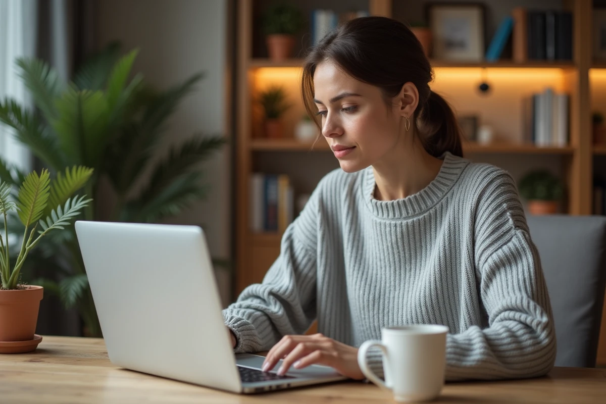 Locataire gérant son compte en ligne et effectuant un paiement depuis son ordinateur portable à domicile