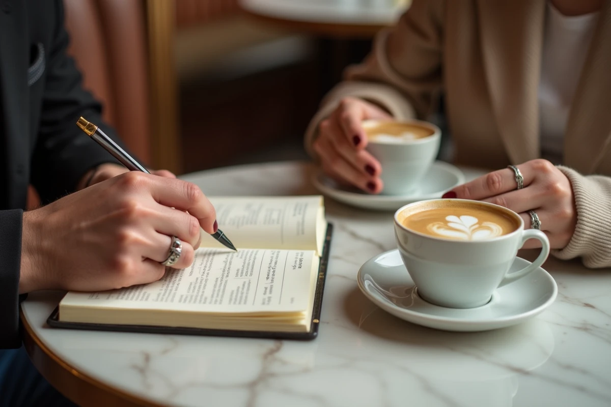 Mains d'un couple autour de tasses à café dans une brasserie parisienne, symbole d'une vie de couple intime et discrète au quotidien
