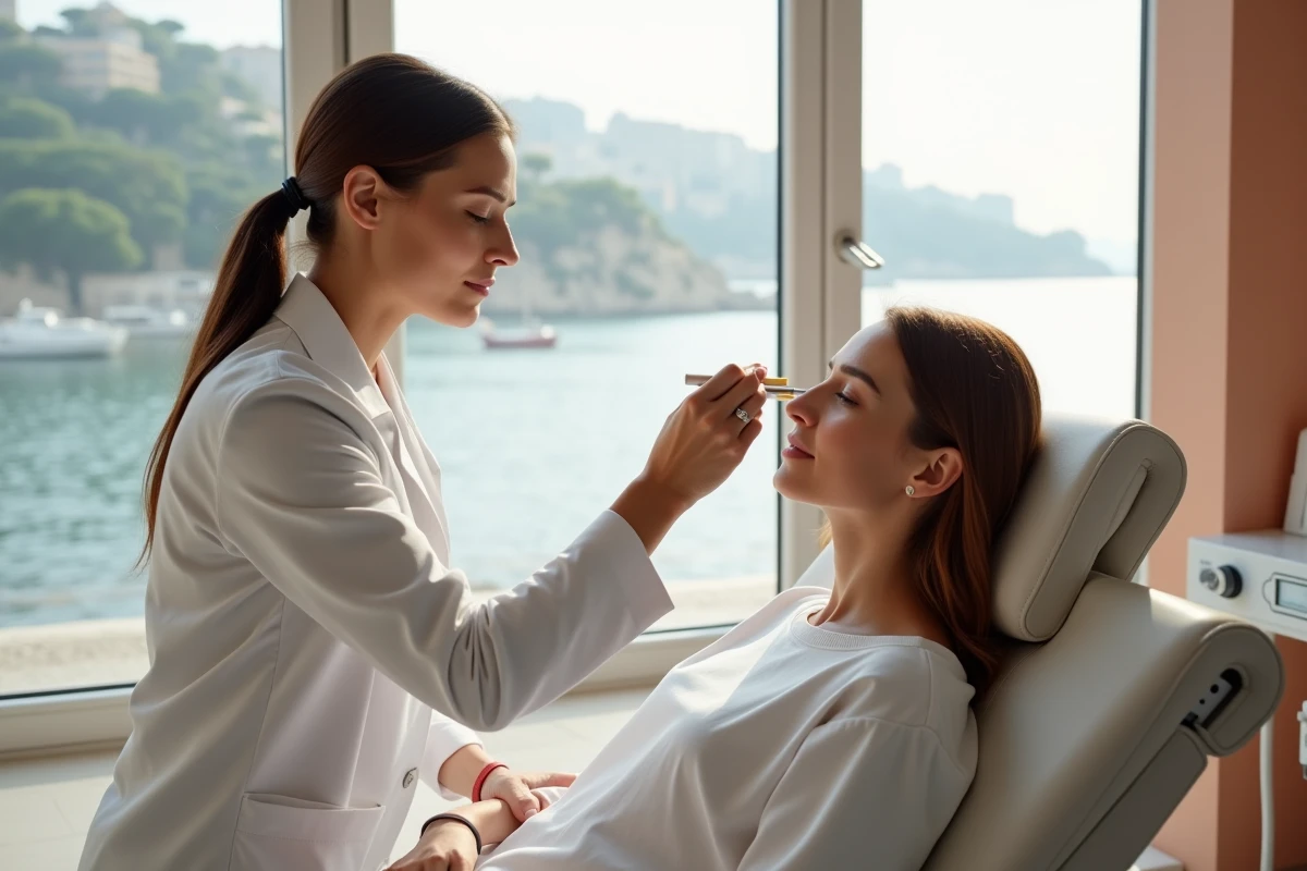 Médecin esthétique examinant le visage d'une patiente dans une clinique esthétique haut de gamme à Cannes avec vue sur la côte