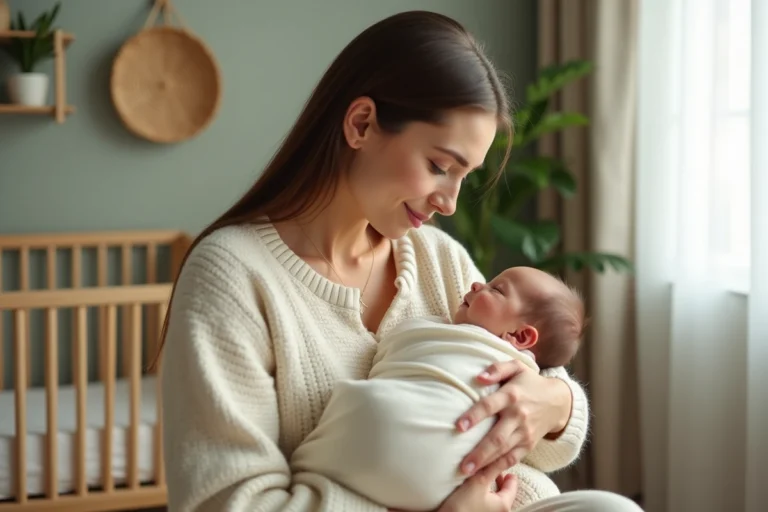 Jeune mère tenant son nouveau-né emmailloté dans une chambre de bébé douce et naturelle