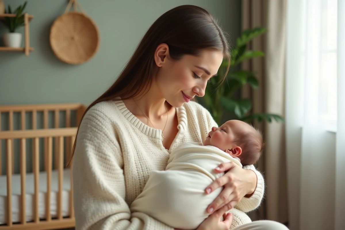 Jeune mère tenant son nouveau-né emmailloté dans une chambre de bébé douce et naturelle