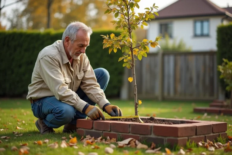 Un homme d'âge mûr mesure la distance entre un jeune arbre planté et un mur en briques dans son jardin résidentiel en automne