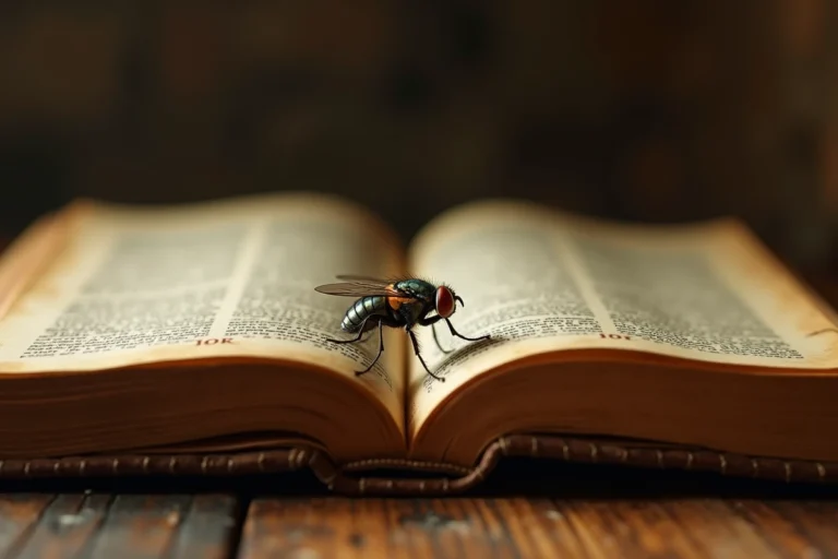 Mouche posée sur une Bible ancienne aux pages jaunies, symbolisme religieux et spirituel