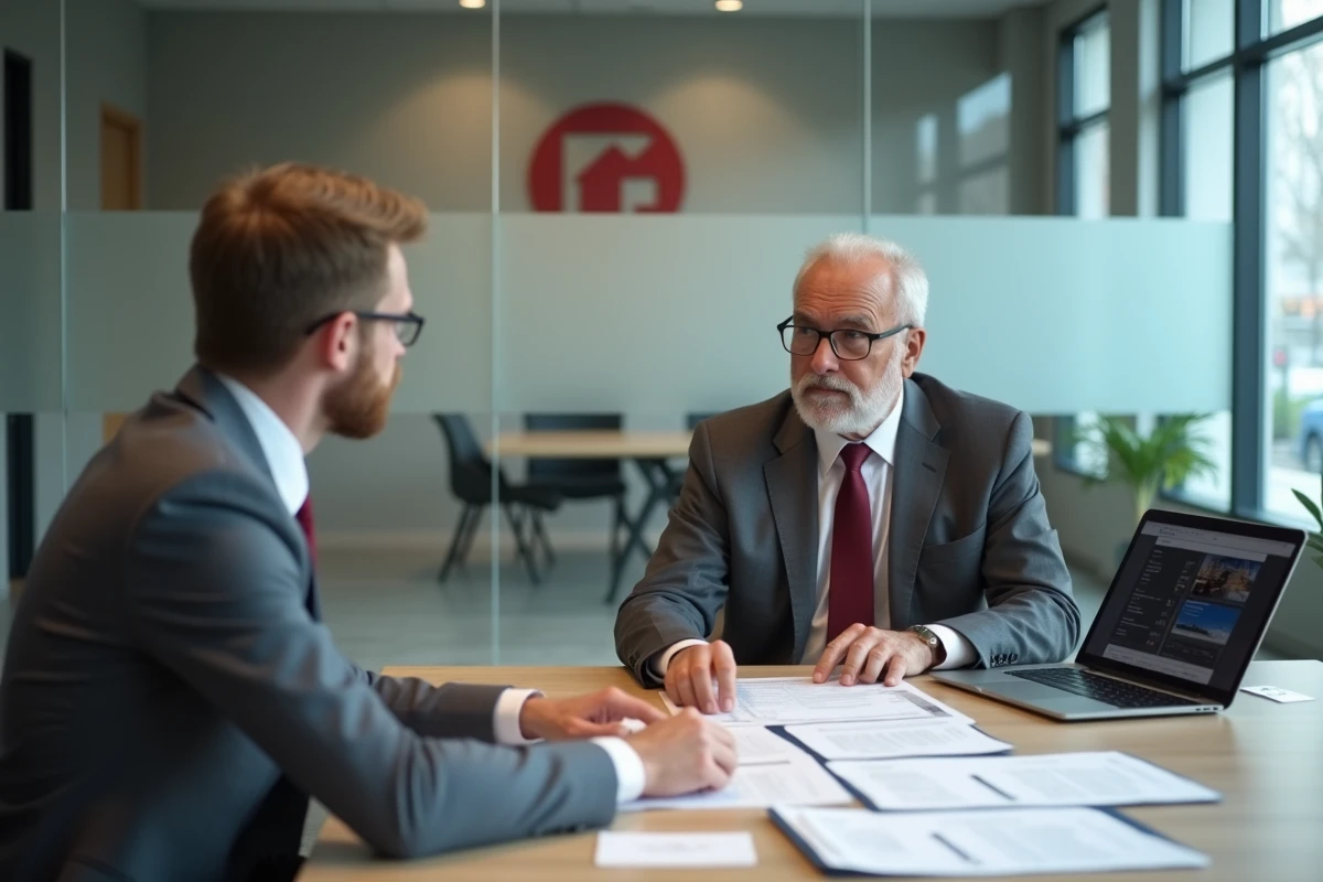 Agent immobilier IAD et client discutant des clauses de résiliation d'un contrat immobilier lors d'une réunion professionnelle
