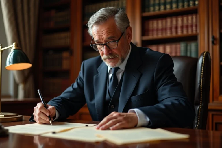 Notaire en costume marine examinant des documents successoraux dans un bureau traditionnel avec bibliothèque juridique