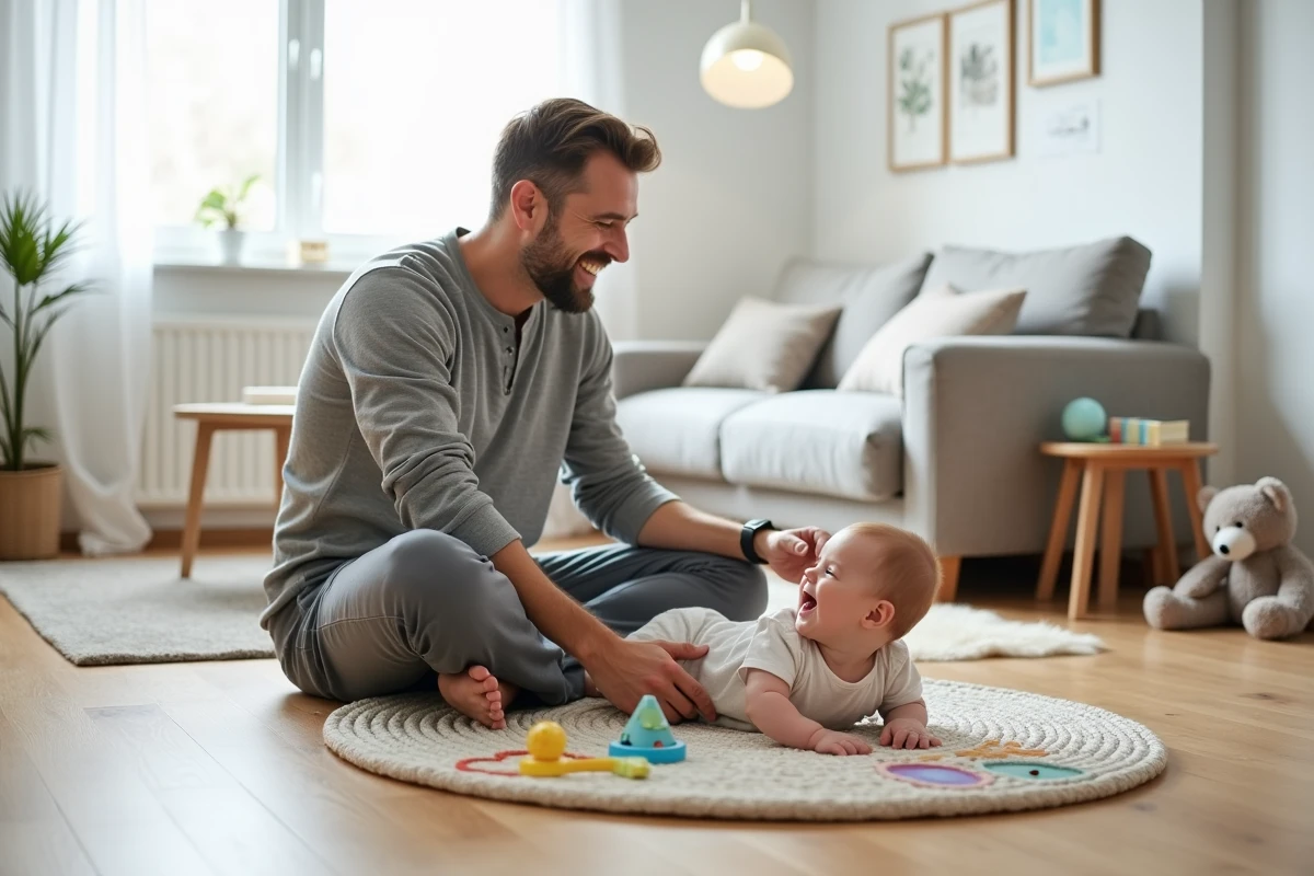Pai brincando com seu bebê de quatro meses em um tapete de atividades em uma sala escandinava