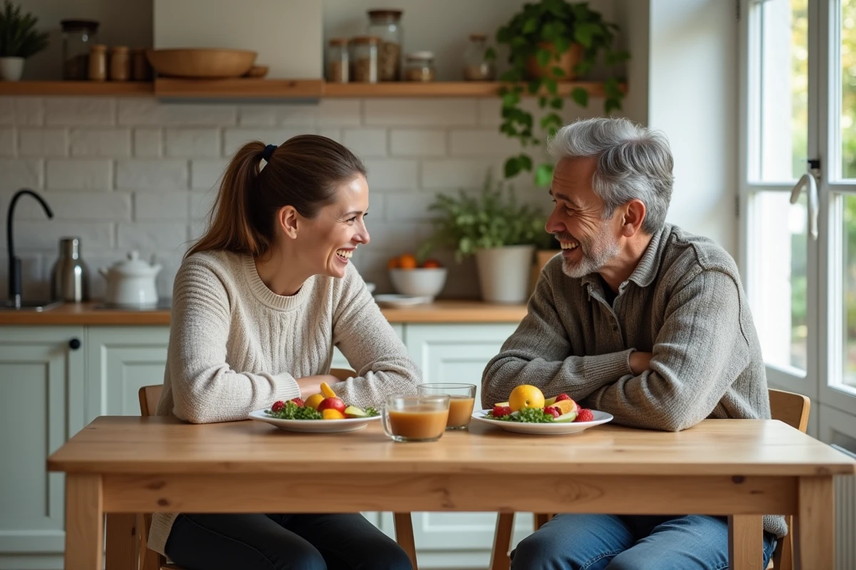 Couple souriant autour d un petit déjeuner convivial