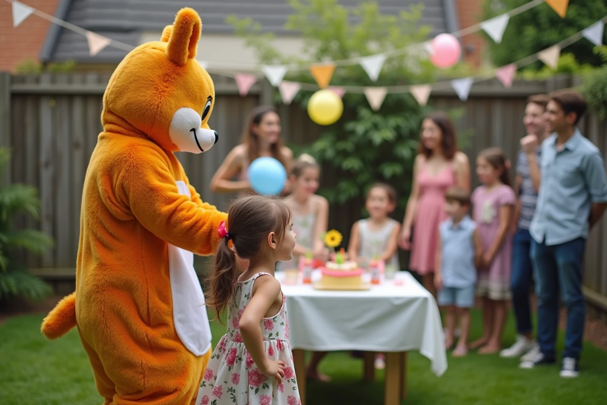 Adulte ressentant une phobie des mascottes lors d'un anniversaire d'enfant en plein air avec un personnage costumé