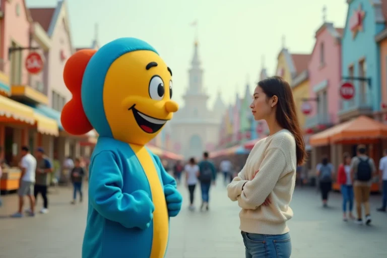Femme adulte montrant des signes de phobie face à un personnage mascotte en costume dans un parc d'attractions