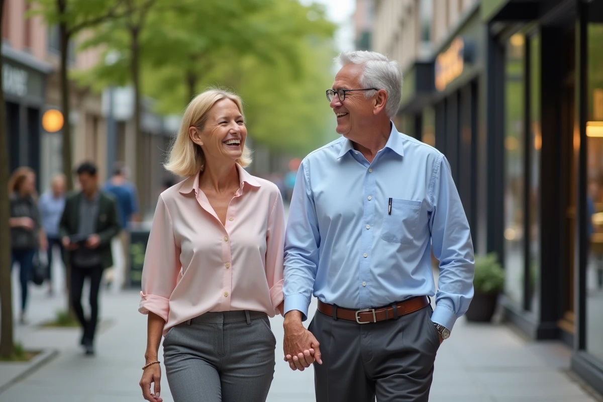 Femme et homme souriants en promenade urbaine en plein air