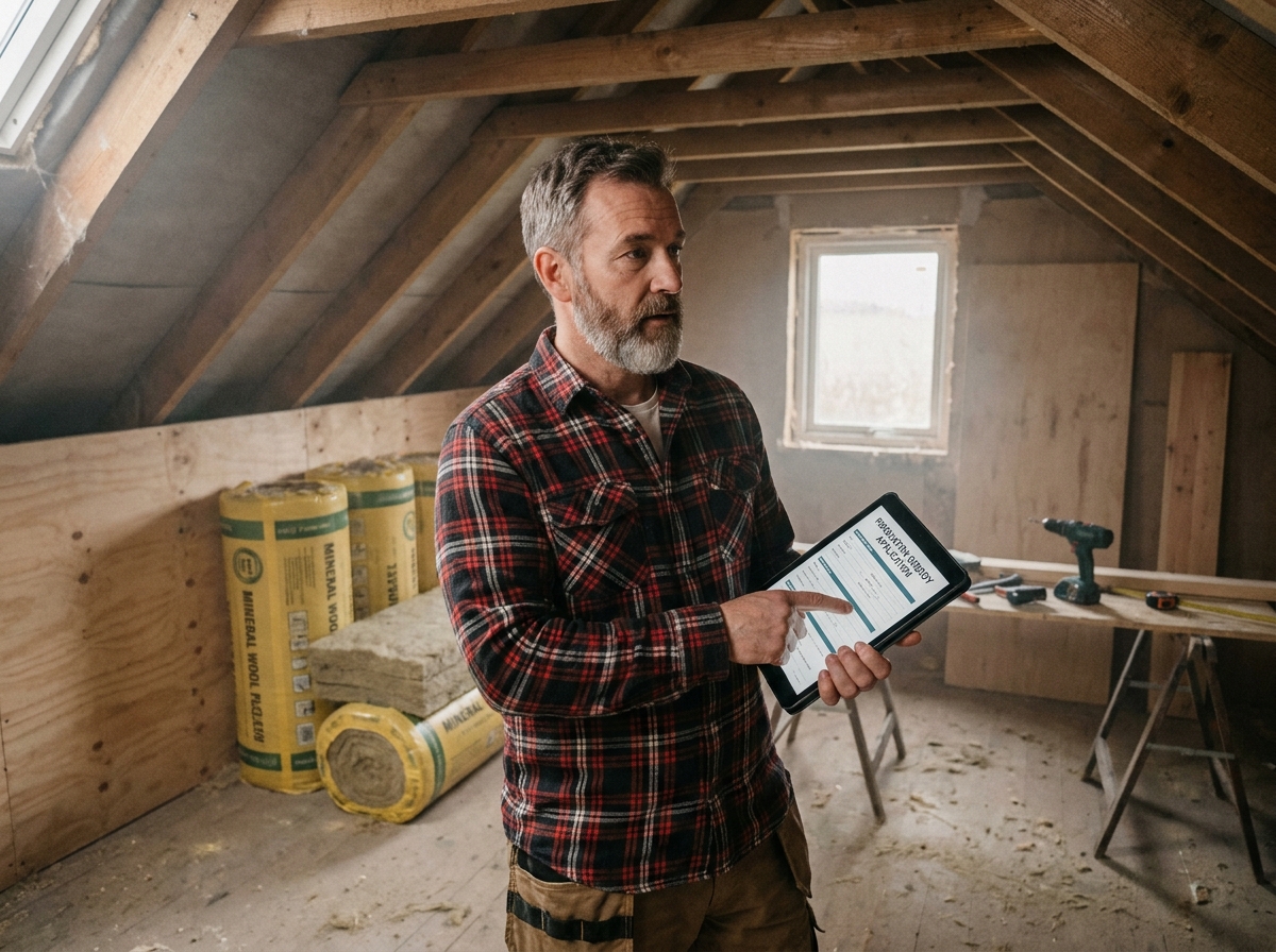 Propriétaire masculin consultant une tablette pour sa demande de prime rénov dans un grenier en cours de rénovation