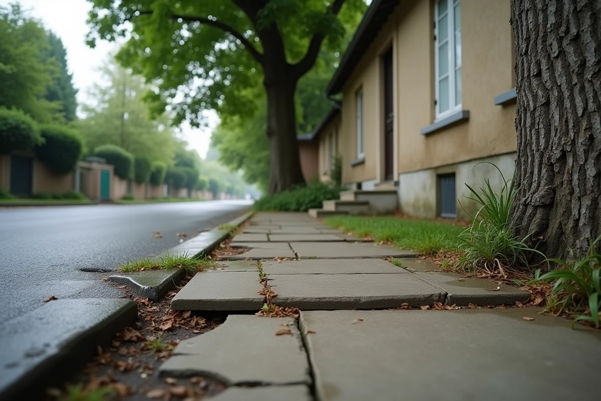 Racines d'un grand chêne soulevant le trottoir et endommageant les fondations d'une maison dans un quartier résidentiel français