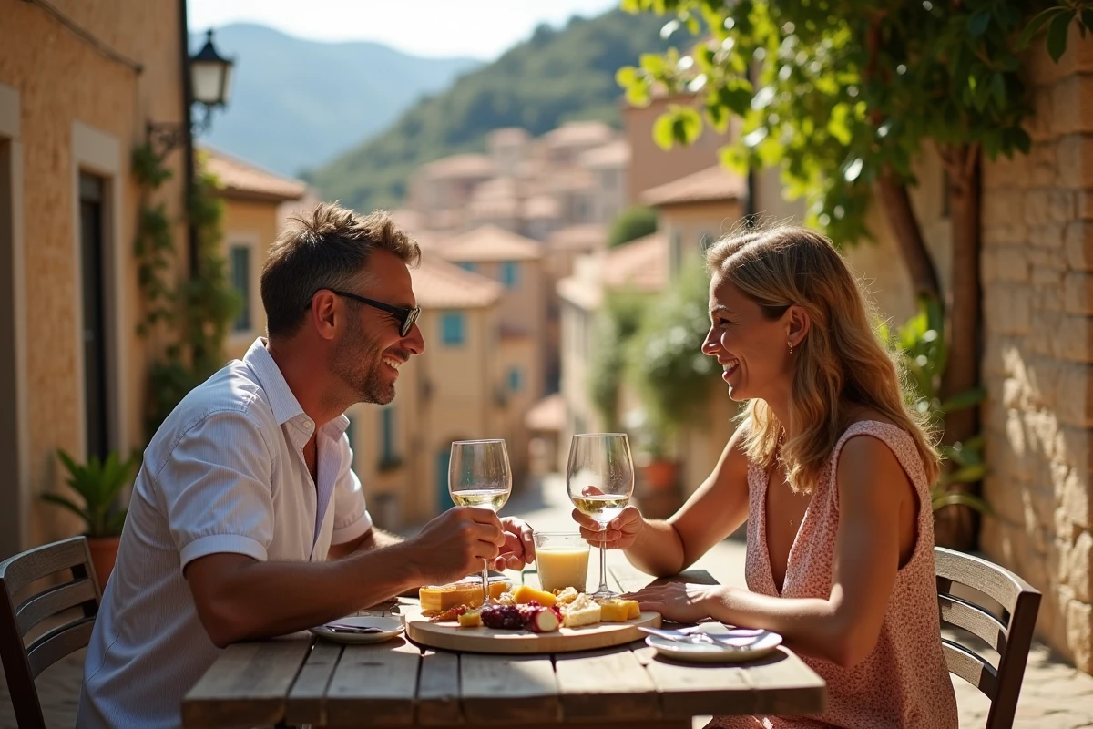 Couple dégustant une planche de charcuterie corse et fromages locaux en terrasse dans un village perché de Corse