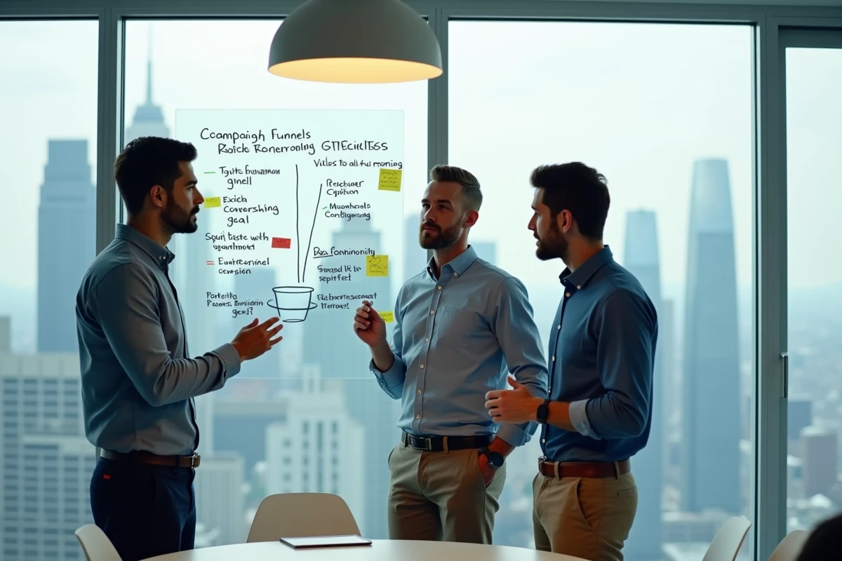 Équipe digitale en réunion stratégique autour d'un tableau blanc avec des objectifs de campagne et des entonnoirs de conversion