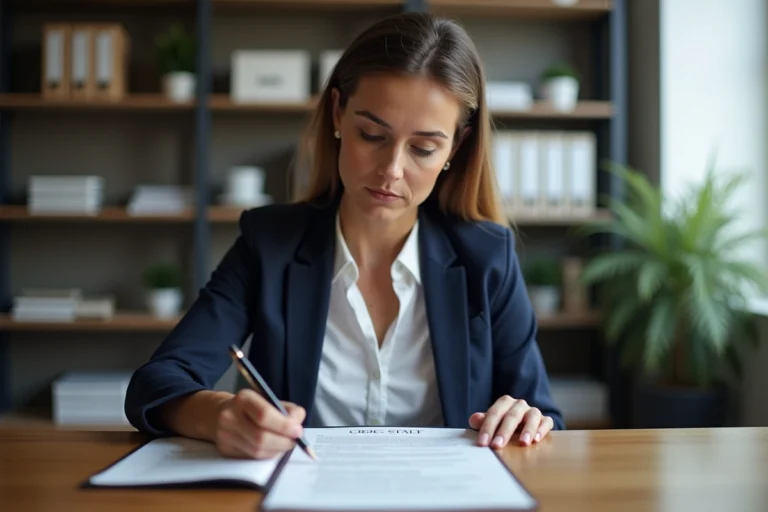 Femme professionnelle examinant un contrat immobilier IAD sur un bureau en bois dans un bureau notarial moderne