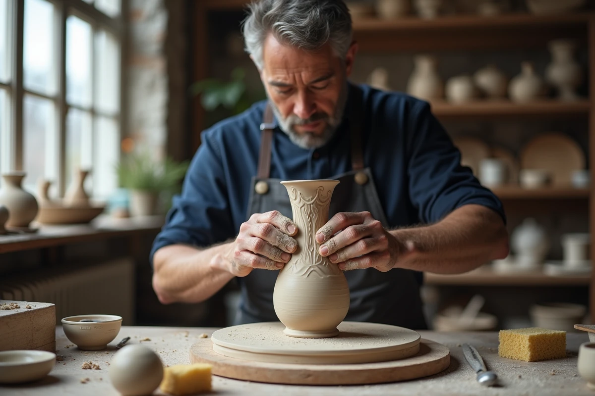 Sculpteur masculin gravant des motifs détaillés sur un vase en argile avec un outil de sculpture fin
