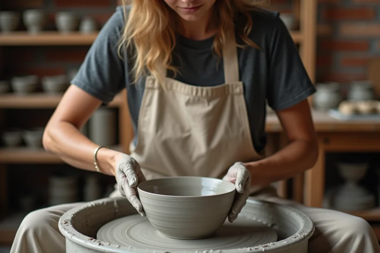 Femme sculptant un bol en argile sur un tour de potier dans un atelier artisanal rustique