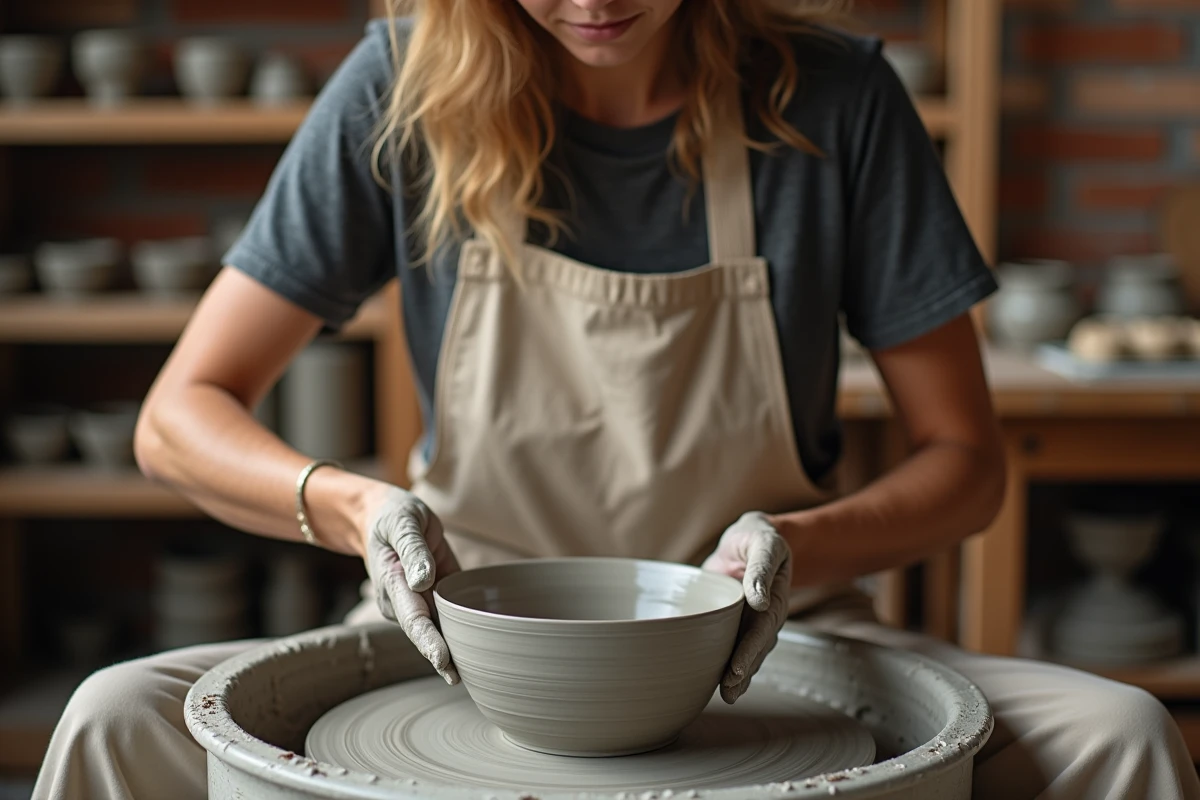 Femme sculptant un bol en argile sur un tour de potier dans un atelier artisanal rustique