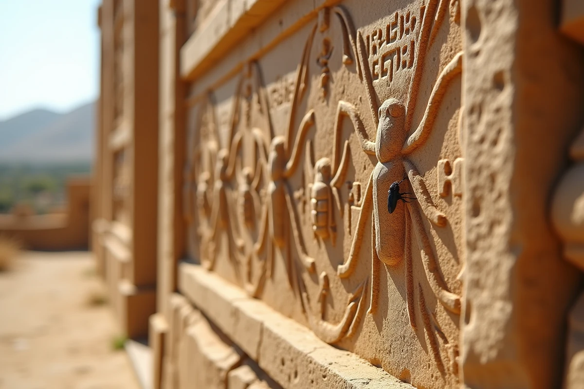 Sculpture en pierre d'une église ancienne avec motifs d'insectes et symboles bibliques, mouche posée sur la paroi