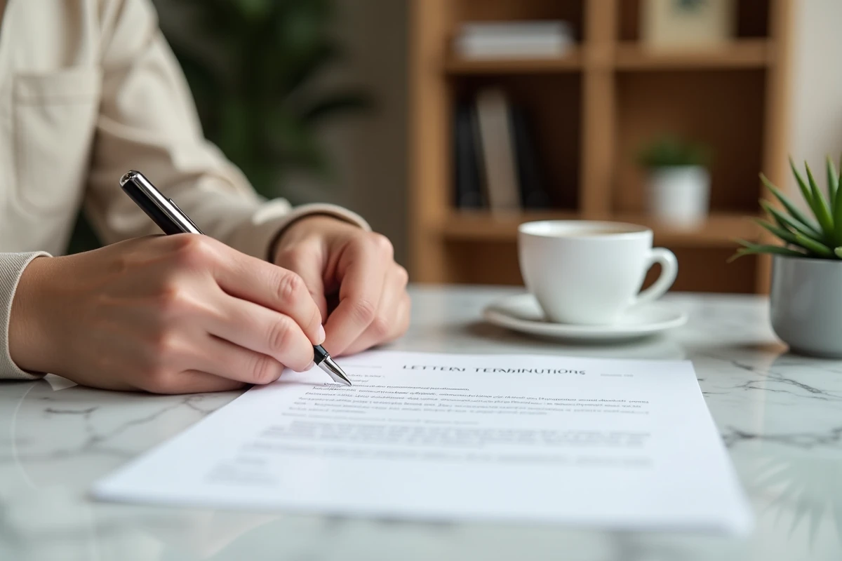 Signature d'une lettre de résiliation de contrat IAD immobilier avec un stylo plume sur un bureau en marbre à domicile