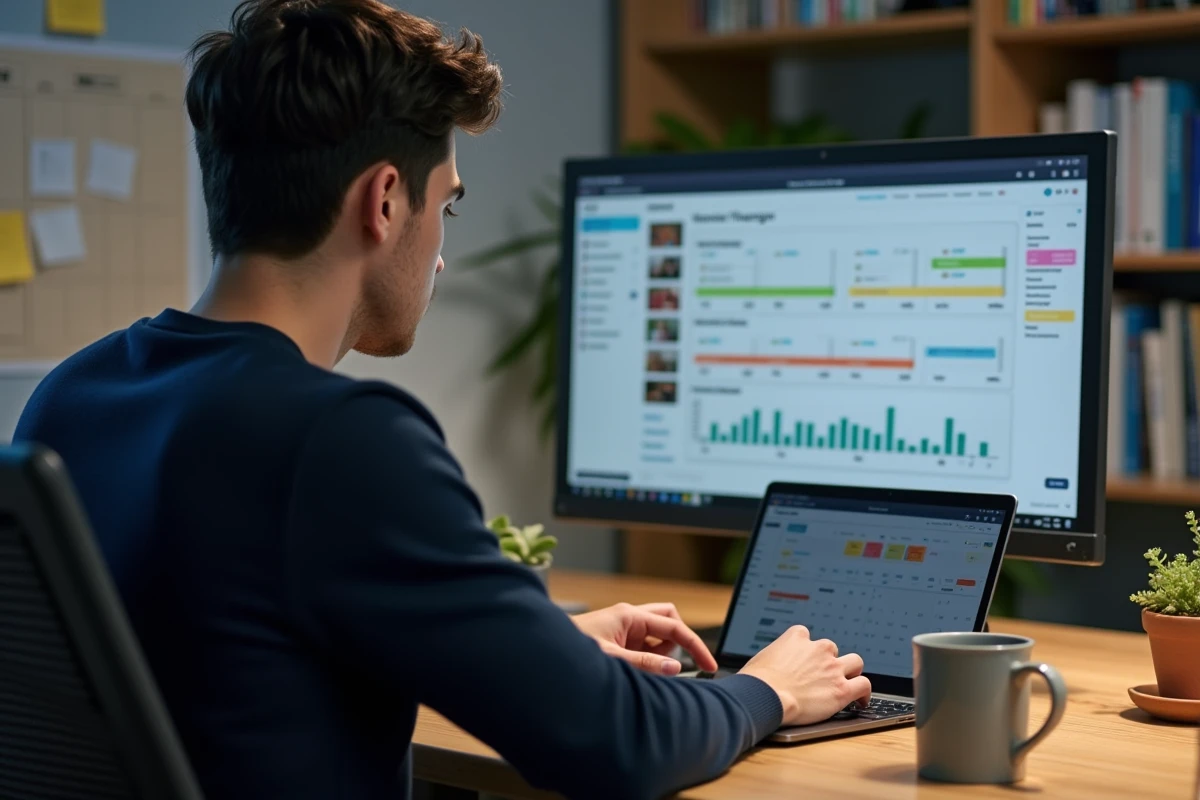 Homme consultant un tableau de suivi de webtoons sur ordinateur portable dans un bureau à domicile organisé, illustrant l'utilisation d'EpsilonScan