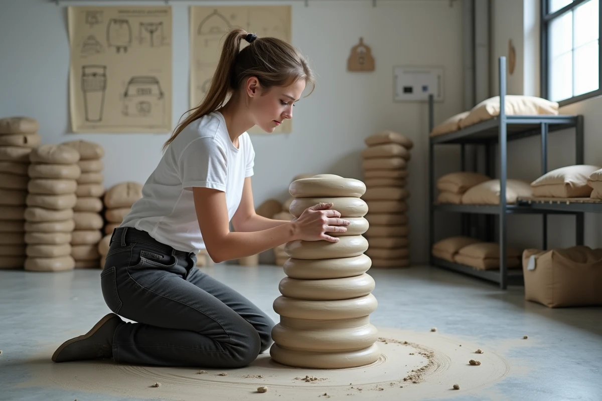 Jeune femme construisant une grande sculpture en argile par la technique des colombins dans un studio de céramique contemporain
