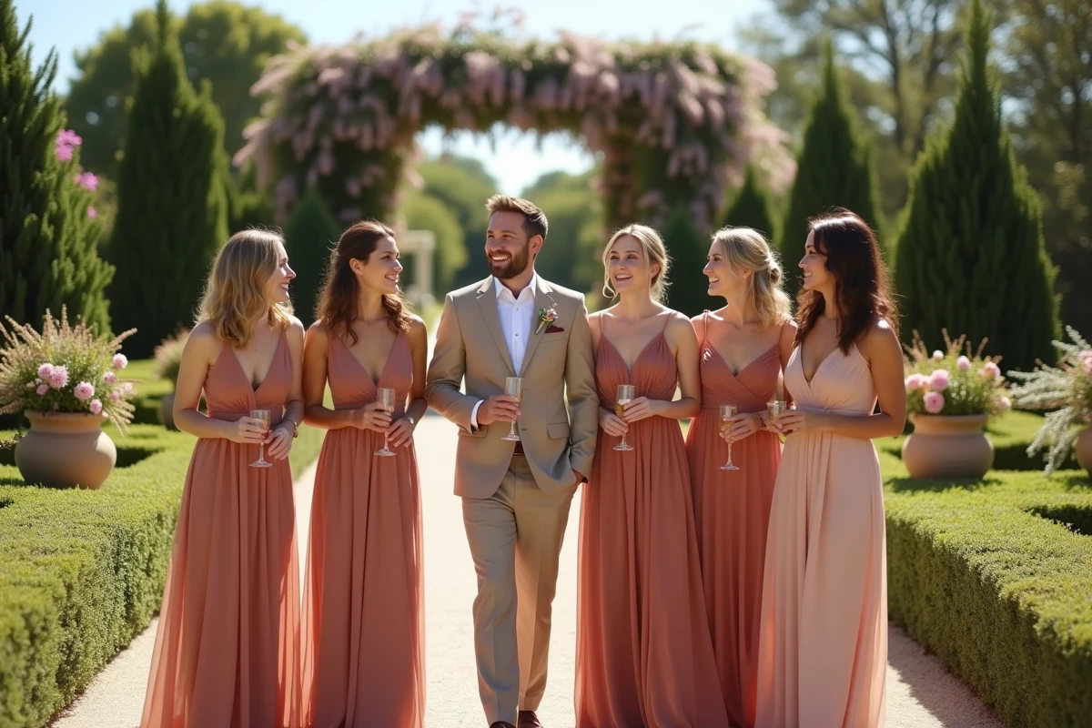 Groupe de demoiselles d'honneur et garçon d'honneur en tenues coordonnées roses et terracotta riant lors d'un cocktail de mariage dans un jardin provençal