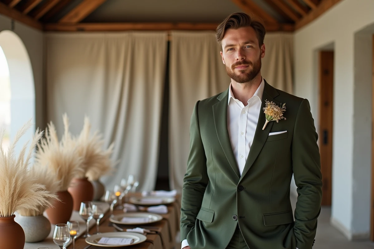 Marié en costume de velours vert sauge avec une boutonnière en fleurs séchées devant une décoration de table de réception minimaliste dans une grange industrielle