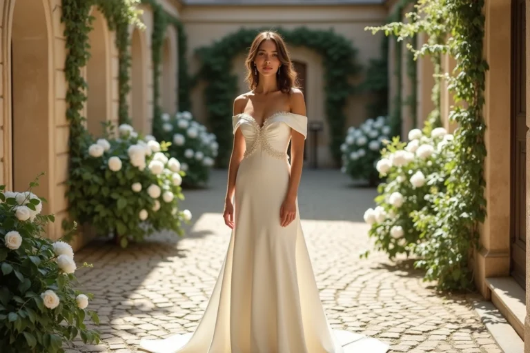 Mariée en robe de mariée contemporaine en satin ivoire dans une cour de château français entourée de pivoines blanches et de guirlandes d'eucalyptus