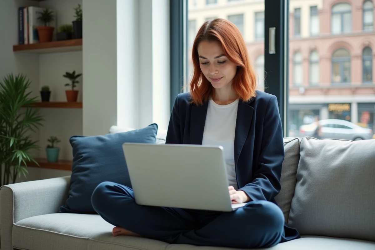 Femme consultant des tendances web sur un ordinateur portable dans un bureau à domicile lumineux