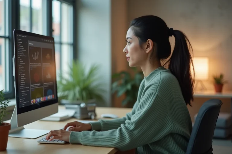 Jeune femme analysant des tendances web sur un grand écran dans un studio moderne minimaliste