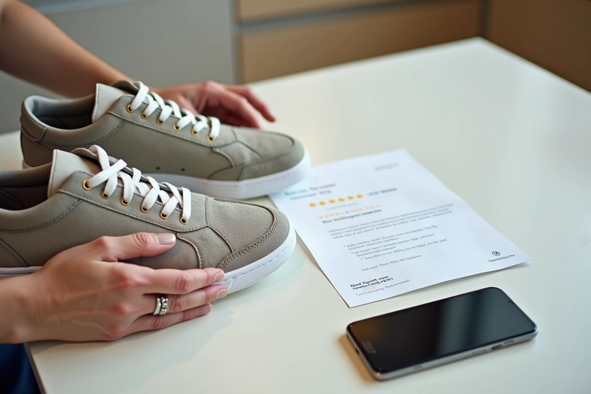 Vérification de l'authenticité d'une paire de sneakers achetée sur Modz avec reçu de livraison et avis positif affiché sur téléphone