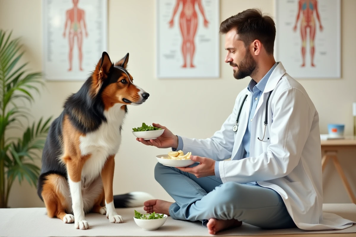 Vétérinaire présentant des aliments naturels probiotiques pour améliorer la santé intestinale d'un chien border collie en cabinet
